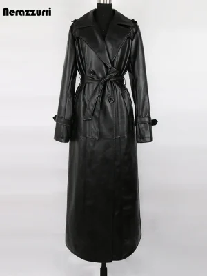 Nerazzurri Extra Long Black PU Leather Trench Coat for Women