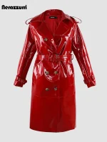 Nerazzurri Women’s Long Black & Red Patent PU Leather Trench Coat with Belt