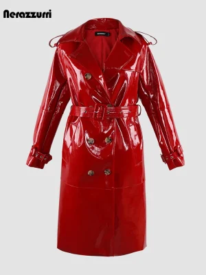 Nerazzurri Women’s Long Black & Red Patent PU Leather Trench Coat with Belt