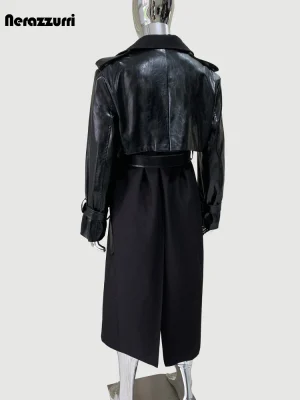 Men’s Black PU Leather Patchwork Trench Coat – Double Breasted