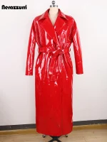 Nerazzurri Red Reflective Faux Patent Leather Trench Coat – Women’s Loose Fit