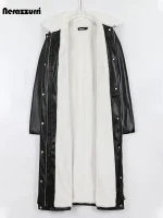 Nerazzurri Brown PU-Leather Long Winter Coat for Women