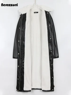 Nerazzurri Brown PU-Leather Long Winter Coat for Women