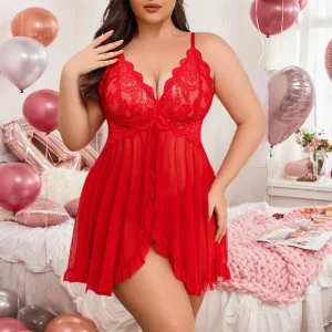 Plus Size Lace Mesh Babydoll Lingerie Set (1XL–5XL)