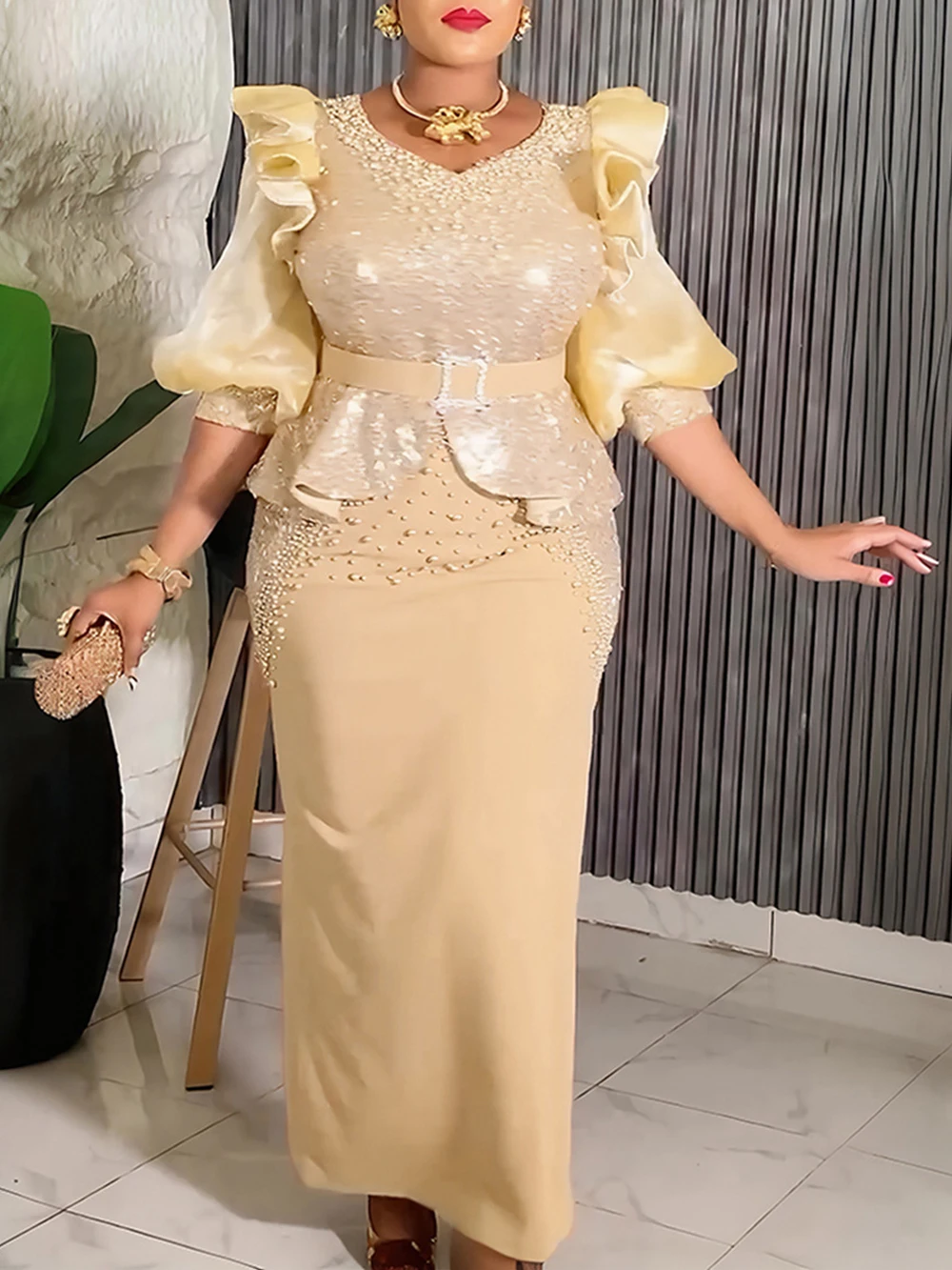 2025 Luxury Sequin Beaded Bodycon Maxi Dress – Puff Sleeve Wedding & Party Gown