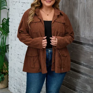 Plus Size Corduroy Long Sleeve Jacket with Pockets (1XL–5XL)
