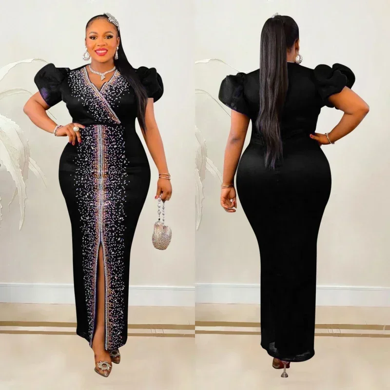 African Fashion Bubble Sleeve Diamond Evening Dress - Image 4