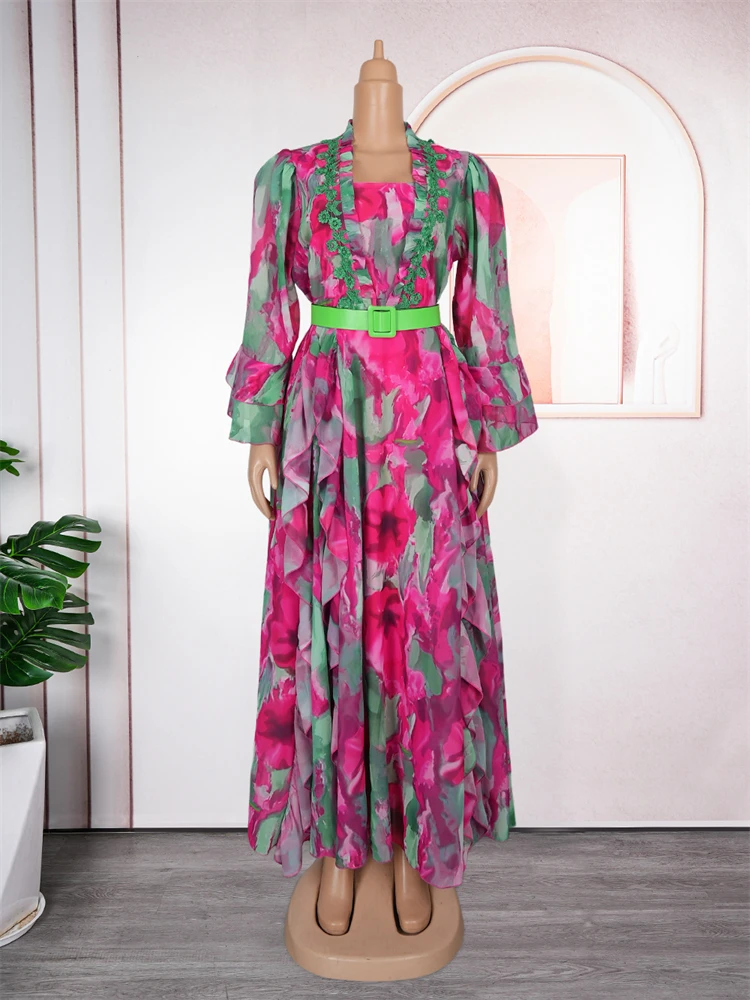 Elegant Ruffle Sleeve Chiffon Dress – African Floral Wedding Gown 2025 - Image 3