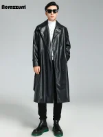 Nerazzurri Black PU Leather Double-Breasted Trench Coat (Men, Plus Size)