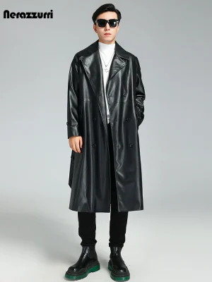 Nerazzurri Black PU Leather Double-Breasted Trench Coat (Men, Plus Size)
