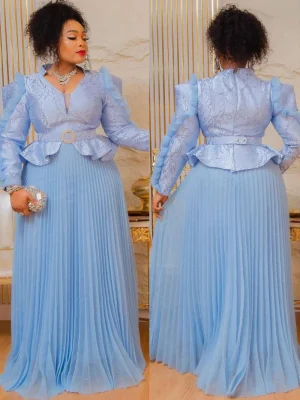 Vintage Luxury Pleated Long Sleeve Dress – Wedding & Party Kaftan with African Dashiki