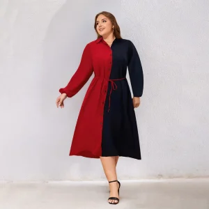 Plus Size Colorblock Shirt Dress with Belt (1XL–6XL)