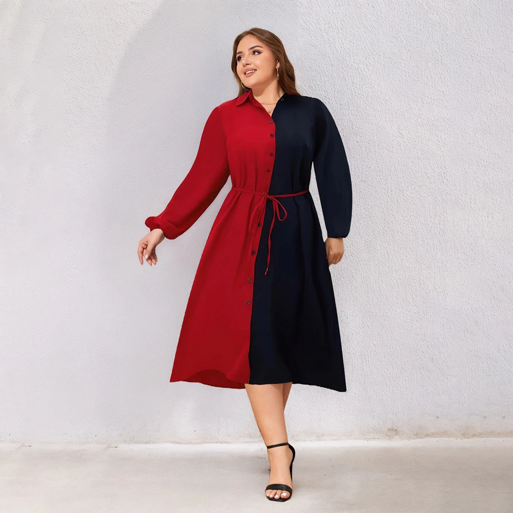 Plus Size Colorblock Shirt Dress with Belt (1XL–6XL)