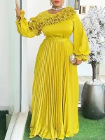 2025 Elegant Long Sleeve Pleated Maxi Dress – African Dashiki Kaftan