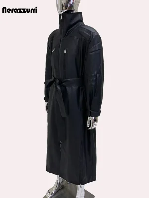 Men’s Black PU Leather Trench Coat – Shoulder Pads & Sashes, Zip-Up