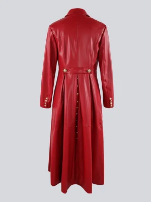 Nerazzurri Extra‑Long Red & Black PU Leather Trench Coat w/ Gold Double‑Breasted Buttons