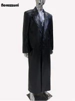Men’s Extra Long Black Crocodile Print PU Leather Coat – Luxury Overcoat