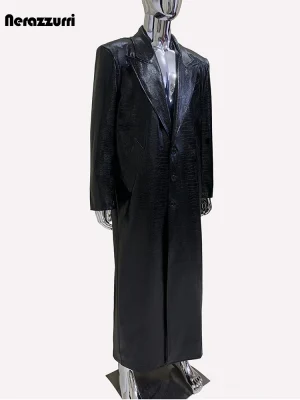 Men’s Extra Long Black Crocodile Print PU Leather Coat – Luxury Overcoat