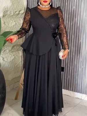 Elegant Mesh Long Sleeve Chiffon Maxi Dress – Dubai Turkey Kaftan Abaya