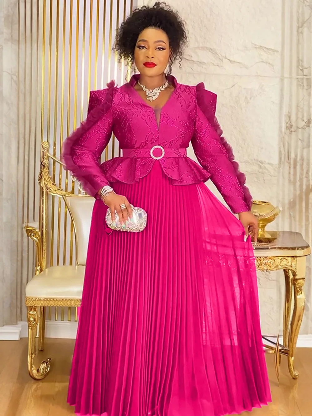 Vintage Luxury Pleated Long Sleeve Dress – Wedding & Party Kaftan with African Dashiki - Image 2