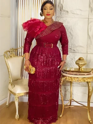 2025 Plus Size Dashiki Tassel Sequin Maxi Dress – Elegant African Wedding Gown