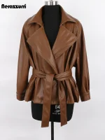 Short Brown & Black Faux Leather Jacket – Belted Lapel Korean Style