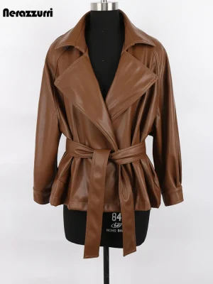 Short Brown & Black Faux Leather Jacket – Belted Lapel Korean Style