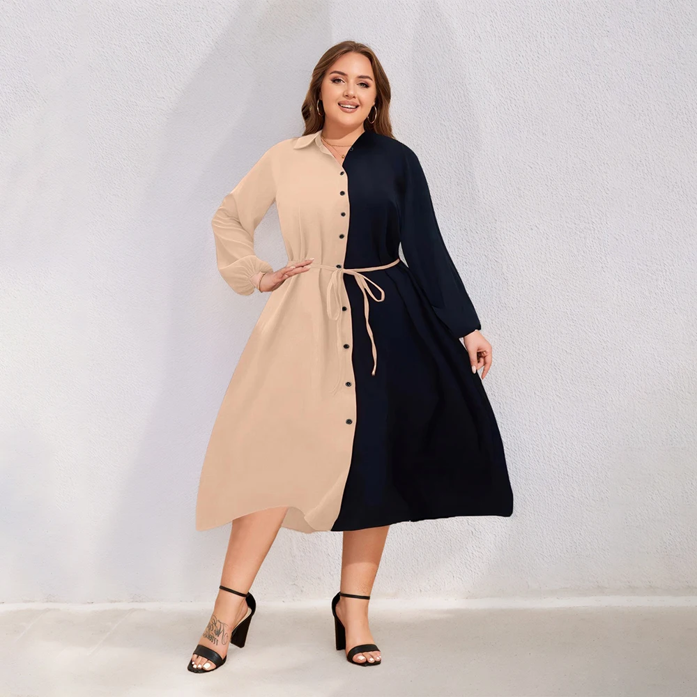 Plus Size Colorblock Shirt Dress with Belt (1XL–6XL) - Image 6