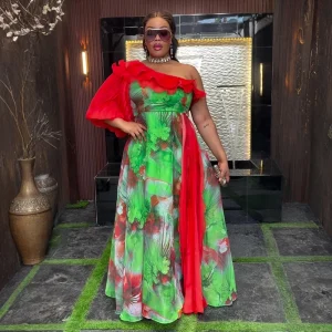 Elegant One-Shoulder African Maxi Dress – Plus Size Chiffon Evening Gown 2025