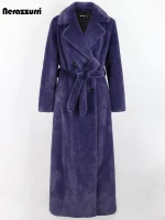 Extra-Long Purple & Black Faux Fur Coat – Double-Breasted Women’s Overcoat