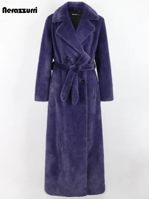 Extra-Long Purple & Black Faux Fur Coat – Double-Breasted Women’s Overcoat