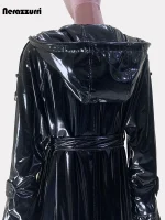 Nerazzurri Women’s Extra Long Black Patent PU Leather Trench Coat with Hood