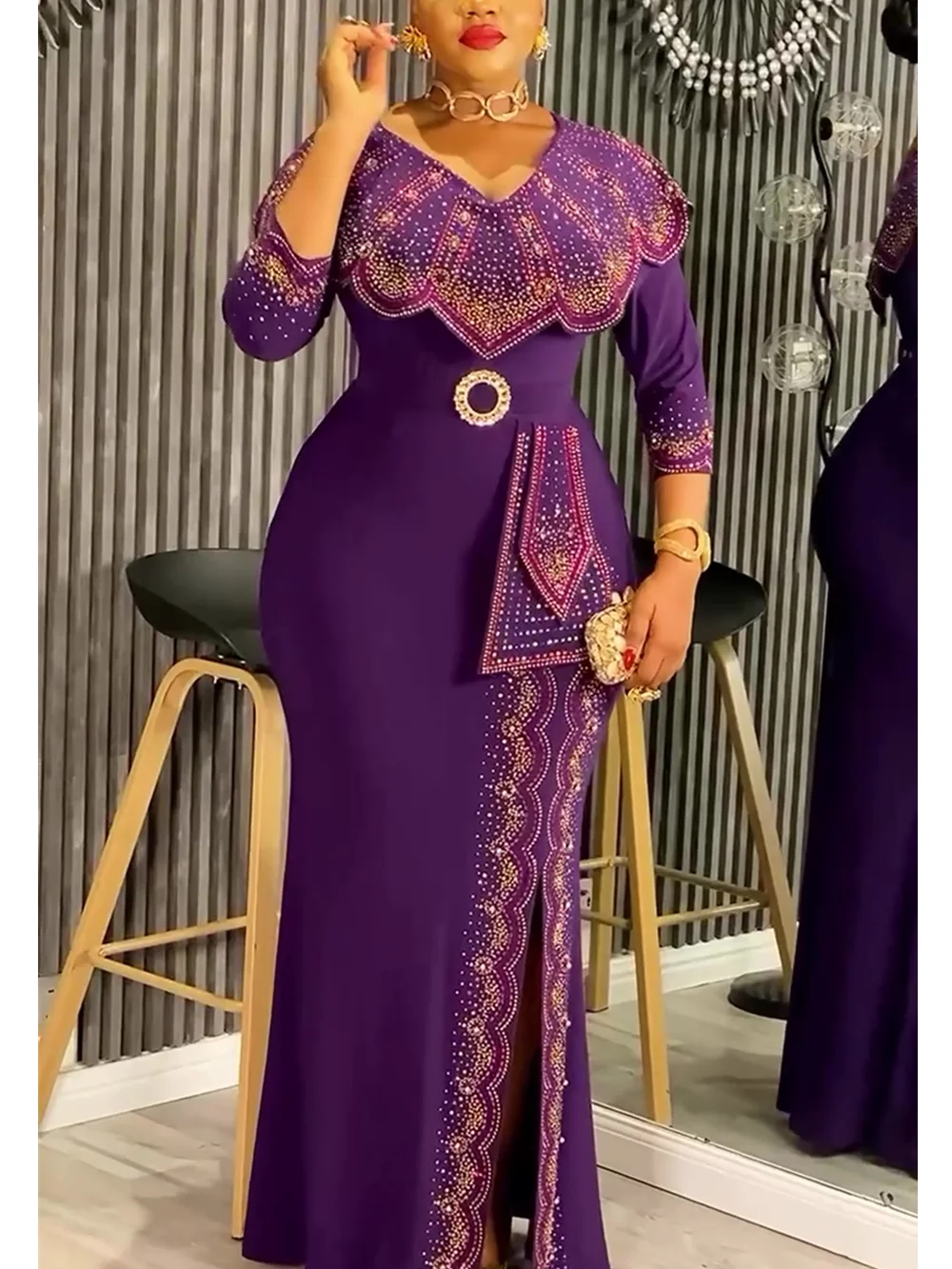 Plus Size African Dashiki Diamond Bodycon Slit Dress – Elegant Evening Gown - Image 2