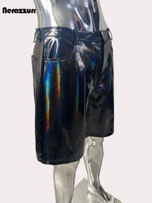Nerazzurri Reflective Holographic Black Patent Faux-Leather Shorts for Men