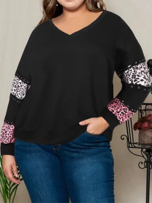 Plus Size Leopard Splice V-Neck Sweatshirt (1XL–5XL)