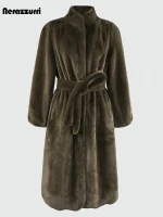 Nerazzurri Faux Sheared Mink Fur Winter Coat – Women’s Long A-Line with Belt