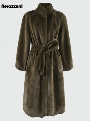 Nerazzurri Faux Sheared Mink Fur Winter Coat – Women’s Long A-Line with Belt