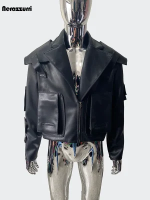 Nerazzurri Black PU Leather Emo Short Jacket for Men