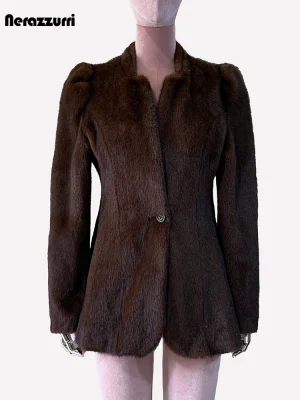 Nerazzurri Short Brown Faux Mink Fur Coat – Elegant & Warm
