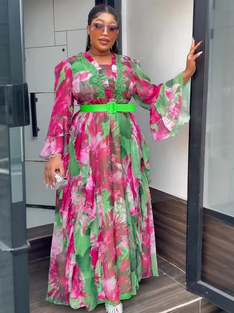 Elegant Ruffle Sleeve Chiffon Dress – African Floral Wedding Gown 2025 - Image 2