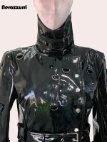 Nerazzurri Black Reflective Patent PU Leather Coat w/ Double Belts (Women)