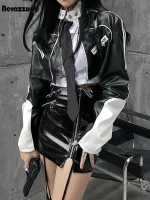 Nerazzurri White & Black Patchwork Shiny PU Leather Cropped Jacket (Spring/Summer)