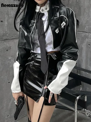 Nerazzurri White & Black Patchwork Shiny PU Leather Cropped Jacket (Spring/Summer)
