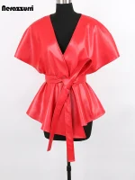 Red Faux Leather Belted Vest – Sleeveless Women’s Designer Jacket