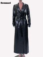 Extra‑Long Reflective Black Croc‑Print Faux‑Leather Trench Coat – Belted Luxe