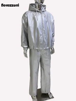 Nerazzurri Oversized Silver PU Leather Jacket – Men’s Hooded Waterproof Zip-Up