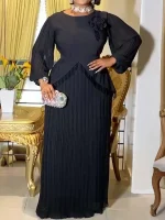 Chiffon Long Sleeve Maxi Dress – Pleated Tassel Gown for Party & Wedding