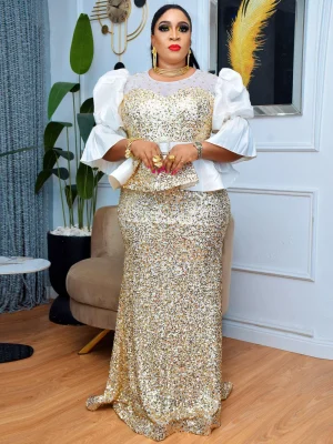 Plus Size Luxury Dashiki Mermaid Dress – African Ankara Sequin Kaftan