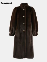 Long Brown Faux Mink Fur Coat – Women’s Single-Breasted Luxury Winter Coat