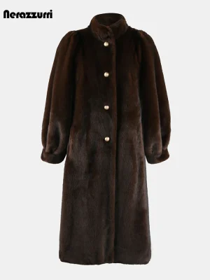 Long Brown Faux Mink Fur Coat – Women’s Single-Breasted Luxury Winter Coat